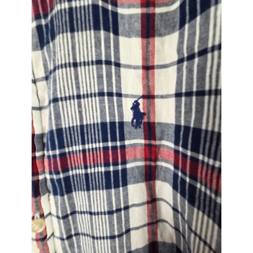 RALPH LAUREN Boys XL 18-20 Button Up SHIRT Short Sleeve RED White Blue PLAID
